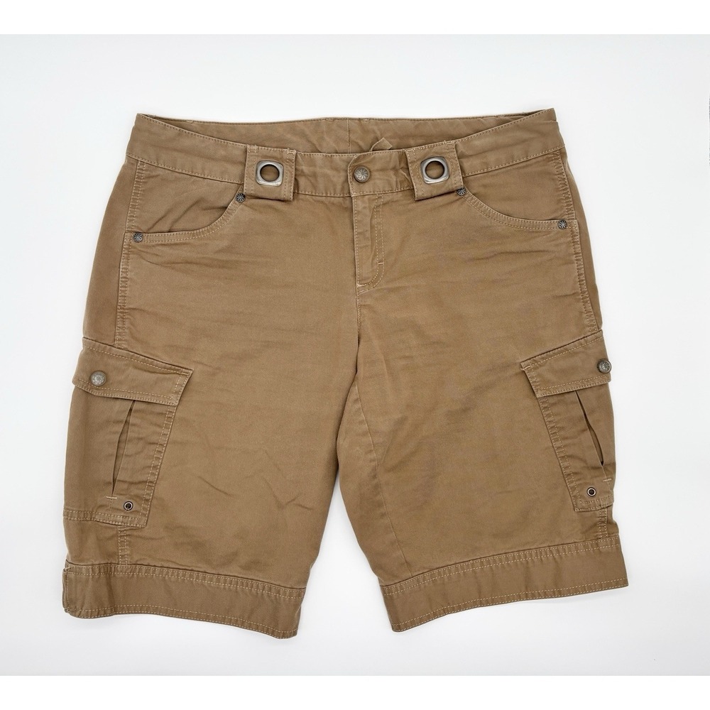 Athleta Kick It Cargo Shorts Tan Organic Cotton Grommet Trim Hiking Womens 10